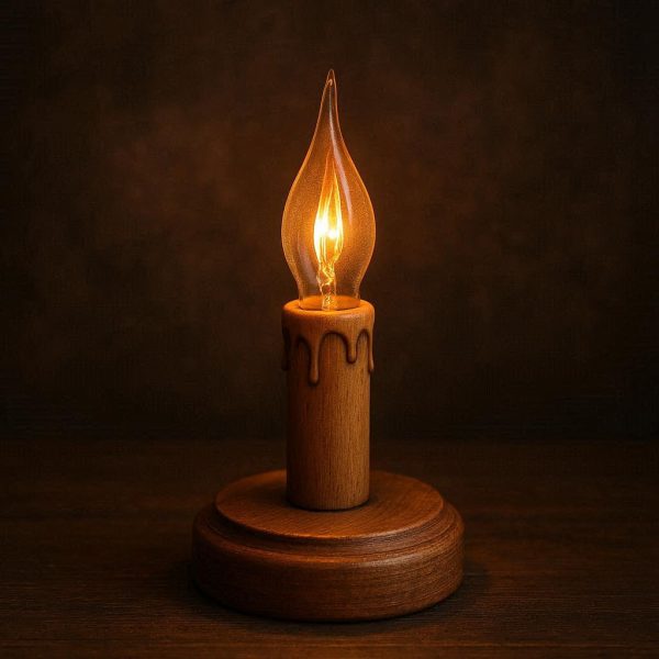 Wooden Base Candle Lamp with Flickering Bulb